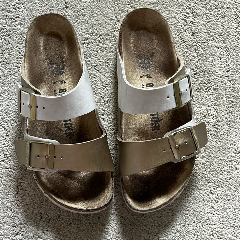 Birkenstock Arizona Two-Strap Sandal in White and Metallic Taupe